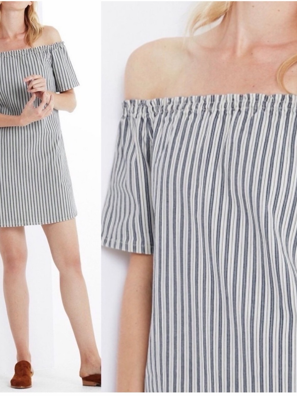 Ag Adriano Goldschmied Off-Shoulder Striped Mini Dress in Navy and White